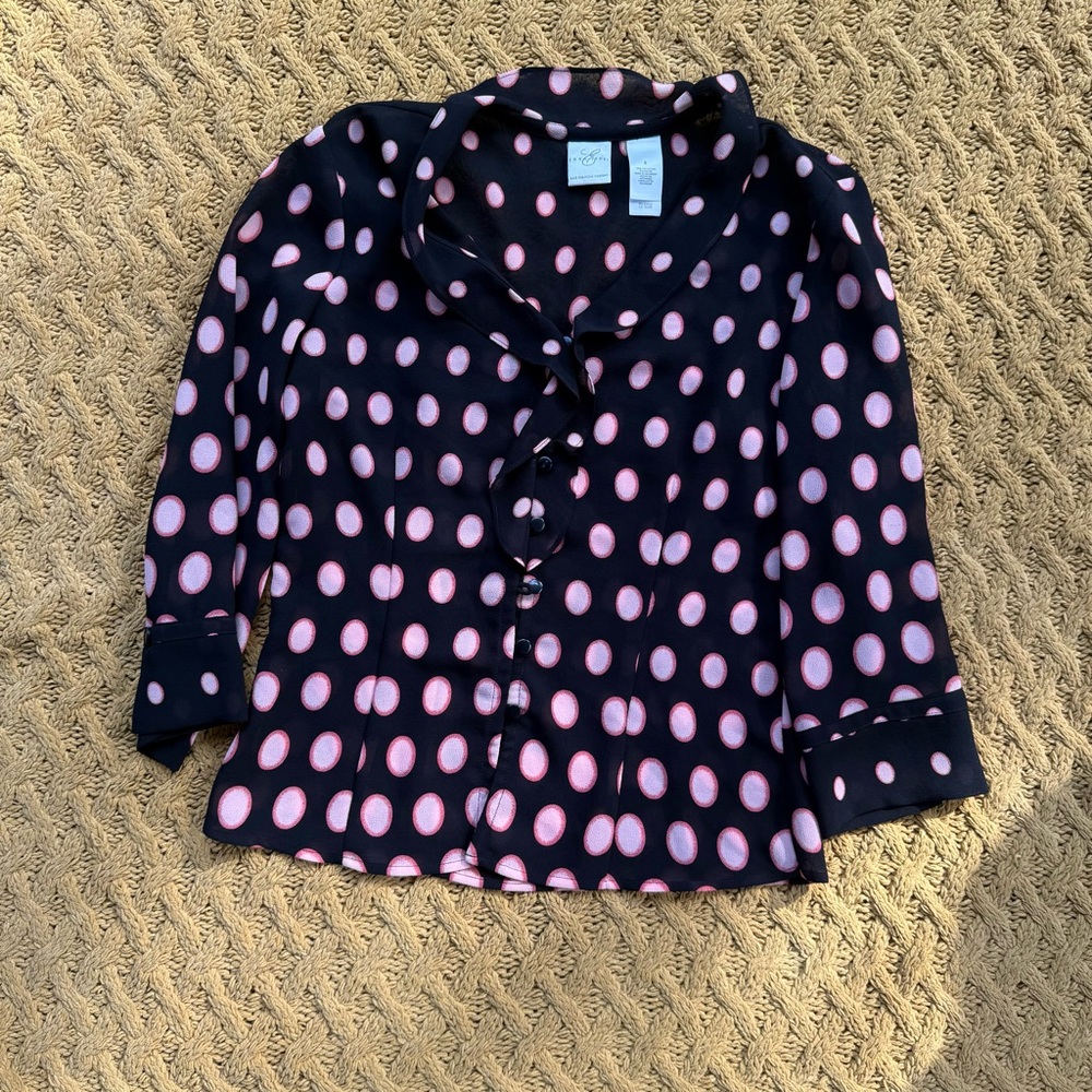 Emma James Blouse Women's 8 Black Pink Polka Dot Button Up‎ 3/4 Sleeve Shirt Top